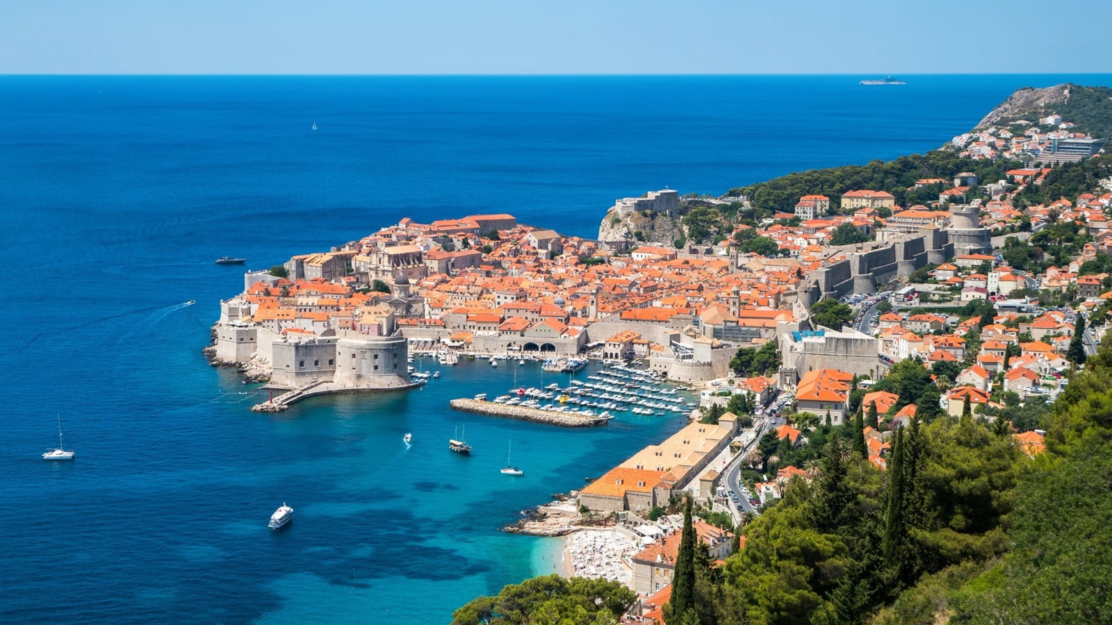 Aerial view of Dubrovnik old town and Adriatic coastline, southern Dalmatia, Croatia