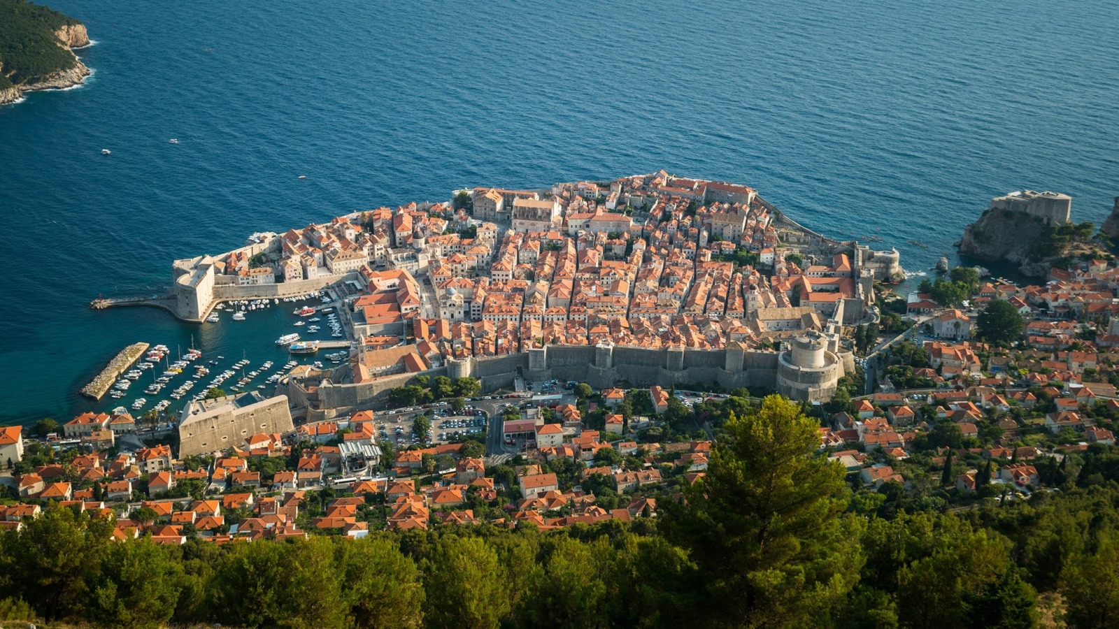 Dubrovnik old town walls and harbor on the Adriatic Sea, southern Dalmatia, Croatia