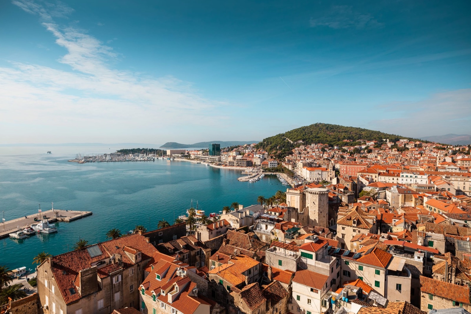 Split harbor and Adriatic waterfront with boats and coastal cityscape, Croatia