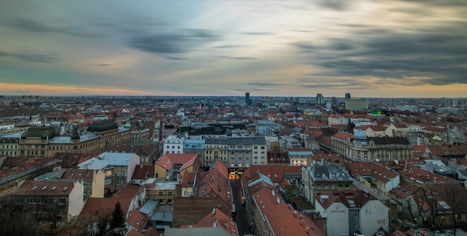 Panoramic aerial view of Zagreb, capital of Croatia, with red rooftops and city skyline